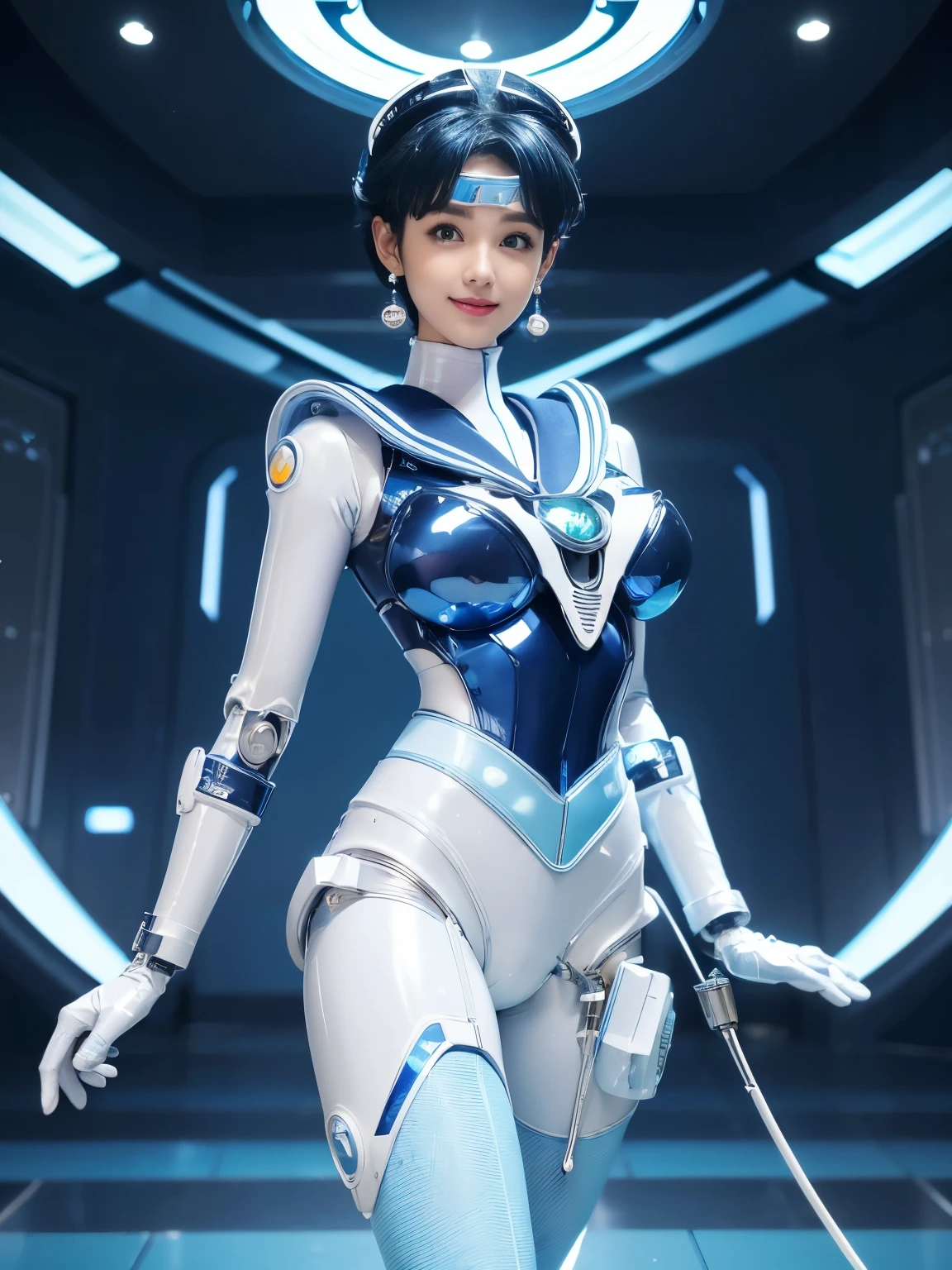 (highest quality, High resolution, masterpiece:1.2), Very detailed, Realistic:1.37, (Perfect Anatomy),1 girl, Cowboy Shot, Cute and beautiful Japanese girls),Standing posture,Sailor Mercury,(converted into a cyborg:1.1),Very cute face,,(Big smile),(blue led eyes;1.3),,Beautiful Skin, Detailed facial features,Slim body,Beautiful Hair, Light blue short curly hair,tiara,White long gloves, (Sailor Warrior Outfits,Sailor Mercury,Futuristic super tight PVC cyborg suit:1.4),Blue Boots,,Traditional earrings,, (Idol Makeup:1.1), Intricate decorative details, Silver Hair,(The background is the interior of a robotic operating room.).
