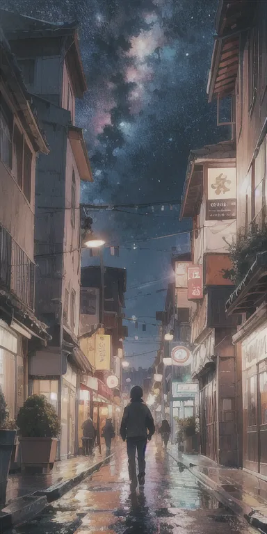 Anime cityscape with tower, Man walking on a snowy road, Space Sky. by: makoto shinkai, Beautiful anime scene, makoto shinkai, C...