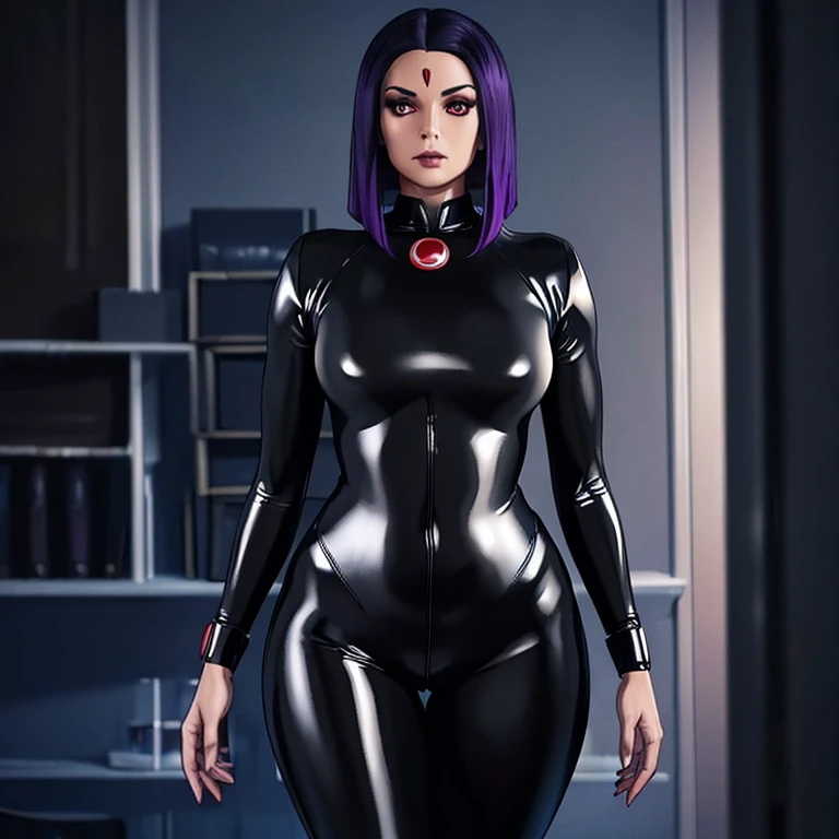 (best quality,ultra-detailed,realistic:1.37),Raven,thick,nsfw,hourglass figure,latex suit,dark atmosphere,golden eyes,intense gaze,seductive pose,sleek hair,mysterious background,shiny texture,hypnotic makeup,vivid colors,low-key lighting,artistic rendering, hourglass figure, thick, curvy, small waist, wearing her superhero suit,