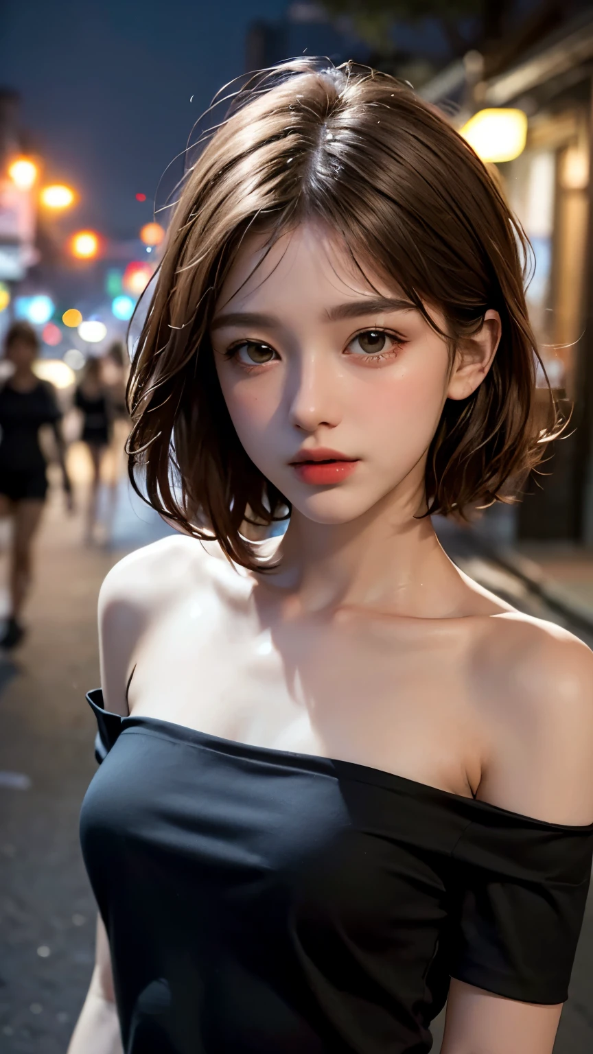 highest quality, masterpiece, Ultra-high resolution, (Realistic:1.4), RAW Photos, One Girl, Off the shoulder, In the Dark, Deep Shadow, moderate, Night Alley, short hair, roadside,walking, 20-year-old,Cute face, Small breasts, Tight shirt,(head shot:1.5)