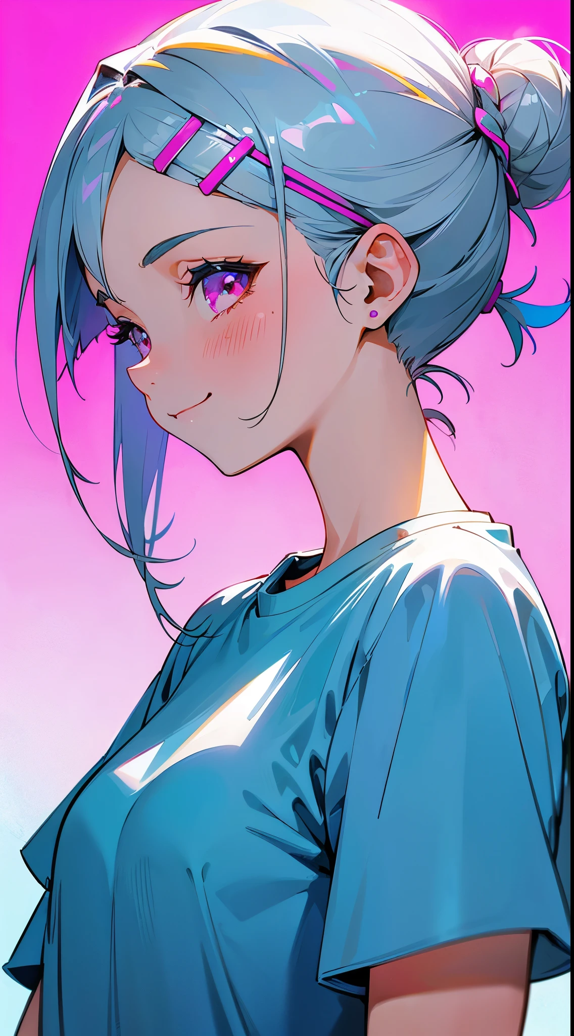 17-year-old girl, Short silver bob hair tied in a bun with a hair clip, Pink Eyes、Sky blue solid color background, Pure blue background, Dark blue background, White T-shirt,  smile、Upper body close-up、From the side、Side body