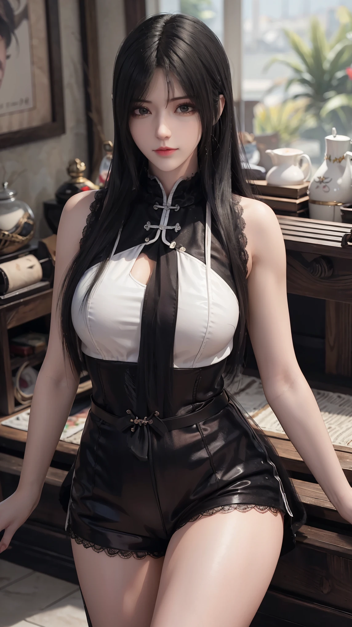 ，Close-up of miss wearing white mask, Beautiful character painting, guweiz, Gurwitz-style artwork, White-haired god, author：Yang Jie, Epic and beautiful character art, Stunning character art, author：Fan Qi, by Wuzhun Shifan, pixiv Art Street Guviz, Single ponytail, insult, High Ponytail, Tall and big, Long legs, (Sleeveless lace shirt), (shorts), (Striped )), ((Striped )), Walk, elegant, dignified, miss, Beautiful curves, sweet smile, Strong sense of detail and layering, color丰富绚丽, Has a unique texture, rich and colorful, color, vivid, design art, 16K, Super detailed, {{illustration}}, {Extremely refined}, {Exquisite surface treatment}, Super detailed, Delicate and shining eyes, {{light}}, 极致light效果, Model: realism, CFG size: 12, Laura: Bright texture (1.35), high quality, masterpiece, Exquisite facial features, Delicate hair depiction, Detailed depiction of eyes, masterpiece, best quality, Ray Tracing, Extremely detailed CG unified 8k wallpaper, masterpiece, best quality, (1 girl), 完美miss身材, (((Skinny white T-shirt))),  (Delicate face), Black short hair, Tie your hair up, light blue hairpin,  (White skin), (Optimal lighting), (Super intricate details), 4k unity, (Super detailed CG), Showing off her white legs, , Hot Pants, shorts,