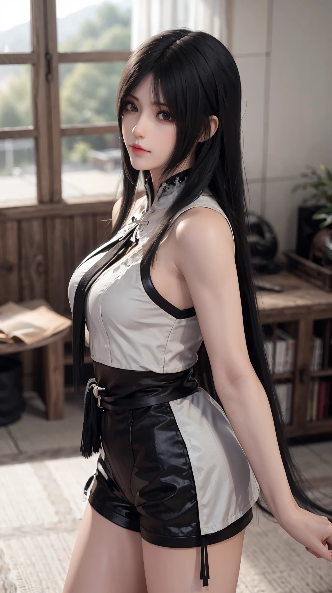 ，Close-up of miss wearing white mask, Beautiful character painting, guweiz, Gurwitz-style artwork, White-haired god, author：Yang Jie, Epic and beautiful character art, Stunning character art, author：Fan Qi, by Wuzhun Shifan, pixiv Art Street Guviz, Single ponytail, insult, High Ponytail, Tall and big, Long legs, (Sleeveless lace shirt), (shorts), (Striped )), ((Striped )), Walk, elegant, dignified, miss, Beautiful curves, sweet smile, Strong sense of detail and layering, color丰富绚丽, Has a unique texture, rich and colorful, color, vivid, design art, 16K, Super detailed, {{illustration}}, {Extremely refined}, {Exquisite surface treatment}, Super detailed, Delicate and shining eyes, {{light}}, 极致light效果, Model: realism, CFG size: 12, Laura: Bright texture (1.35), high quality, masterpiece, Exquisite facial features, Delicate hair depiction, Detailed depiction of eyes, masterpiece, best quality, Ray Tracing, Extremely detailed CG unified 8k wallpaper, masterpiece, best quality, (1 girl), 完美miss身材, (((Skinny white T-shirt))),  (Delicate face), Black short hair, Tie your hair up, light blue hairpin,  (White skin), (Optimal lighting), (Super intricate details), 4k unity, (Super detailed CG), Showing off her white legs, , Hot Pants, shorts,