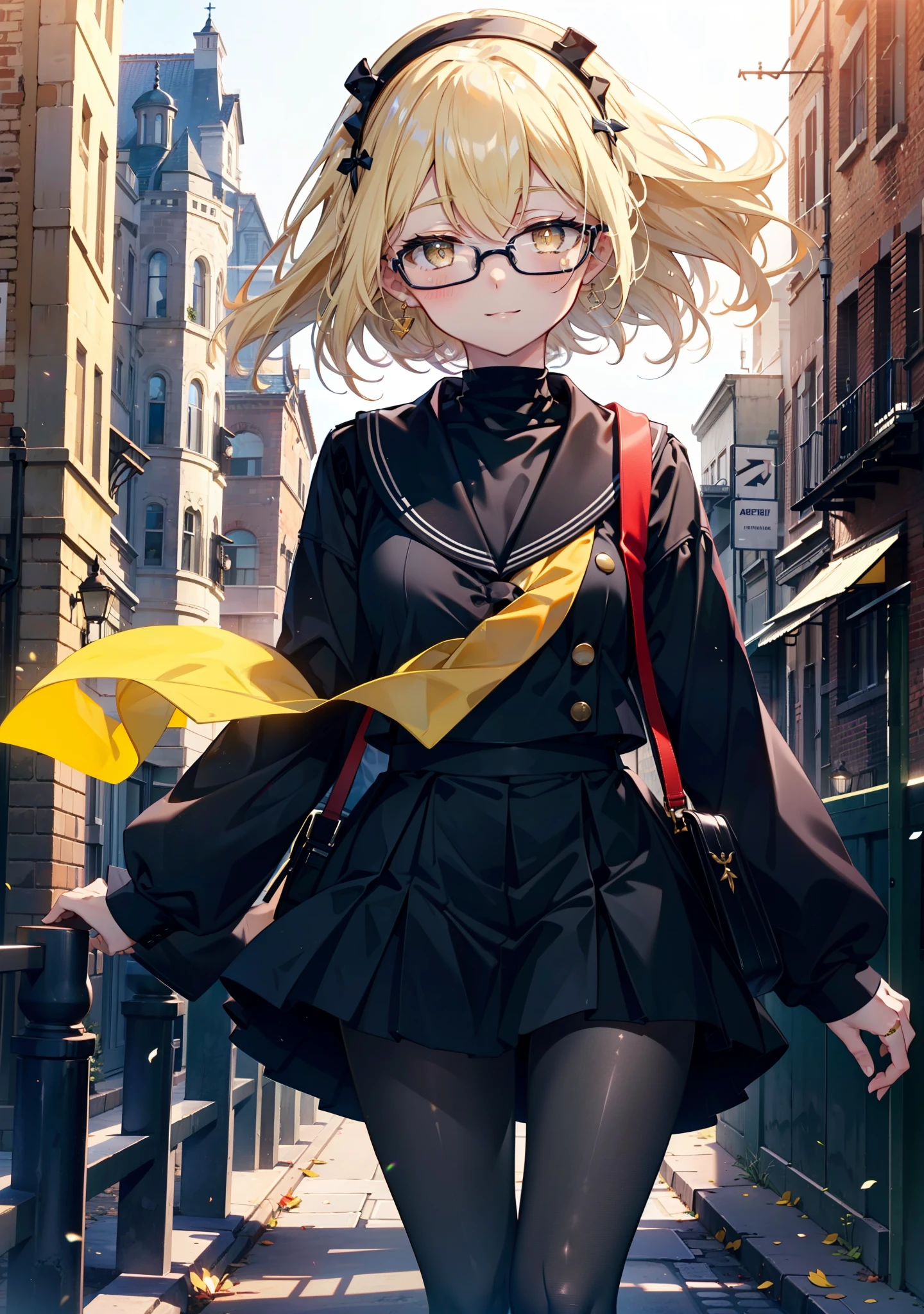 アイスWallenstein, Wallenstein, blonde, Hair between the eyes, hair band, Long Hair, (Yellow Eyes:1.5),Black-rimmed glasses,happy smile, smile, shut up.,smile,blush,Black Sailor Suit,Black pleated skirt,Short sleeve,Black Pantyhose,Brown Loafers,morning,morning陽,The sun is rising,whole bodyがイラストに入るように,Walking　　　　　　　 break looking at viewer, whole body,crowd, people々々　　　　　　　　　　break outdoors,In town,Building district,　　　　　　　　　　break (masterpiece:1.2), highest quality, High resolution, unity 8k wallpaper, (shape:0.8), (Beautiful and beautiful eyes:1.6), Highly detailed face, Perfect lighting, Highly detailed CG, (Perfect hands, Perfect Anatomy),