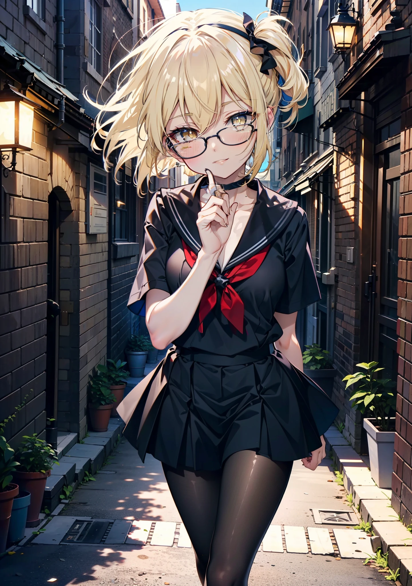 アイスWallenstein, Wallenstein, blonde, Hair between the eyes, hair band, Long Hair, (Yellow Eyes:1.5),Black-rimmed glasses,happy smile, smile, shut up.,smile,blush,Black Sailor Suit,Black pleated skirt,Short sleeve,Black Pantyhose,Brown Loafers,morning,morning陽,The sun is rising,whole bodyがイラストに入るように,Walking　　　　　　　 break looking at viewer, whole body,crowd, people々々　　　　　　　　　　break outdoors,In town,Building district,　　　　　　　　　　break (masterpiece:1.2), highest quality, High resolution, unity 8k wallpaper, (shape:0.8), (Beautiful and beautiful eyes:1.6), Highly detailed face, Perfect lighting, Highly detailed CG, (Perfect hands, Perfect Anatomy),