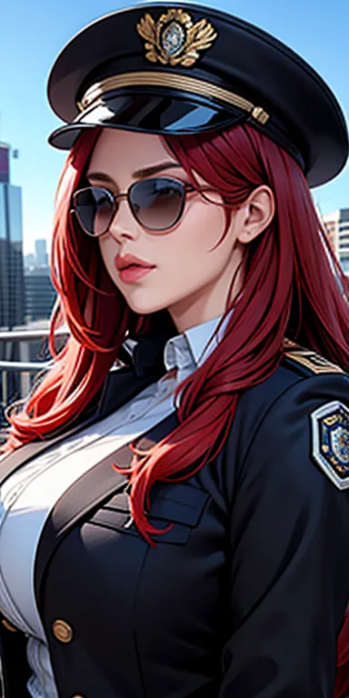young woman,Red hair,long hair,Police cap,sun glasses,black jacket,beautiful figure,police uniform close-up view of the city