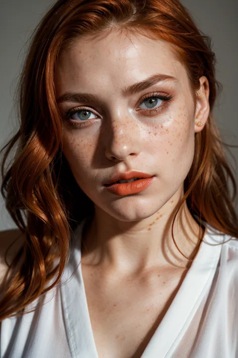 ((Portrait Photography)),(best quality, high quality, sharp focus:1.4), european beautiful woman, (orange hair:1.1), freckles, m...