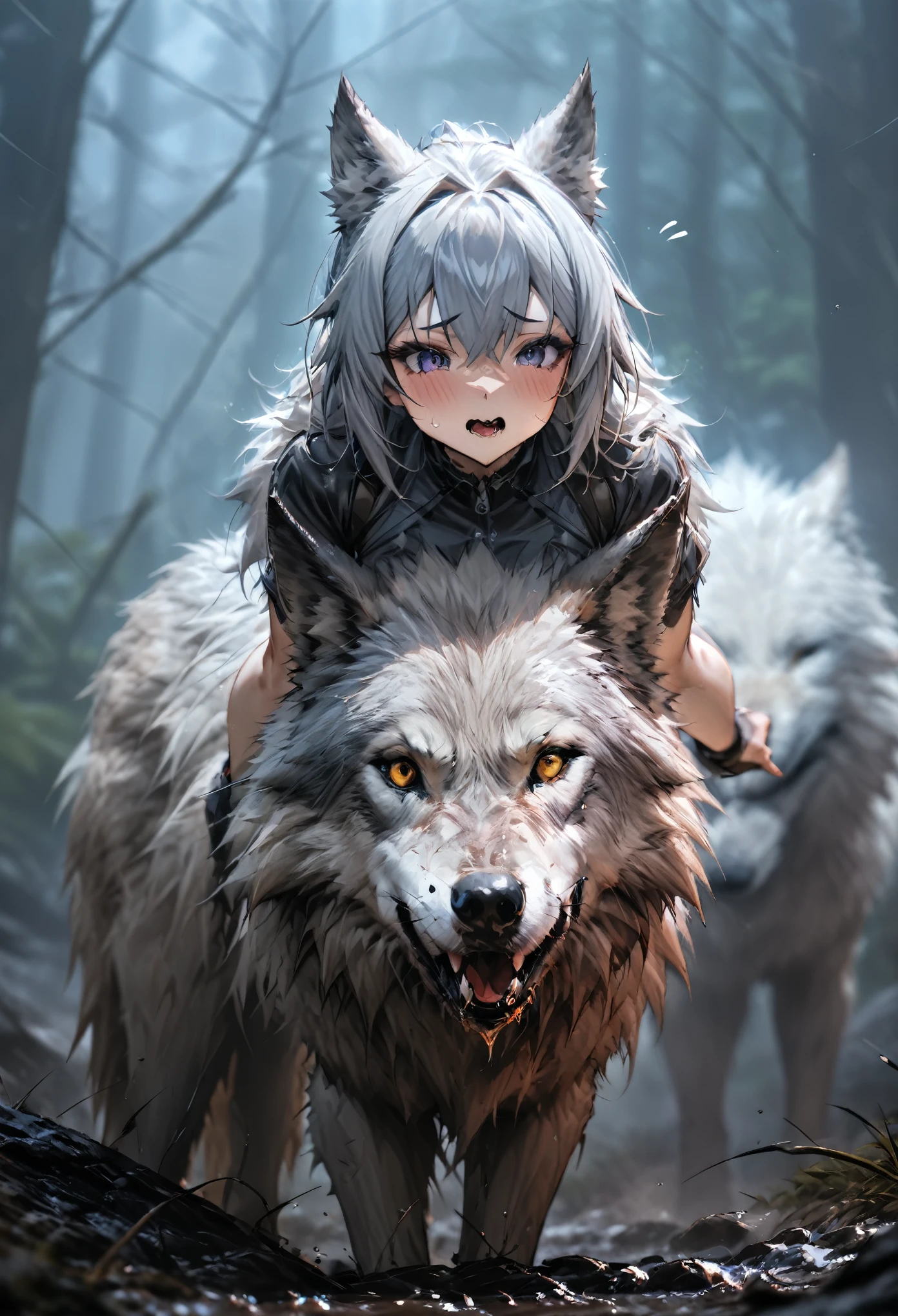 (((masterpiece:1.4))), (highest quality:1.4), (Ultra-high resolution:1.4), (best quality:1.2), (ultra detail:1.3), Unbelievable absurdity, One Girl, Wolf Girl and Wolf, In the great outdoors, 