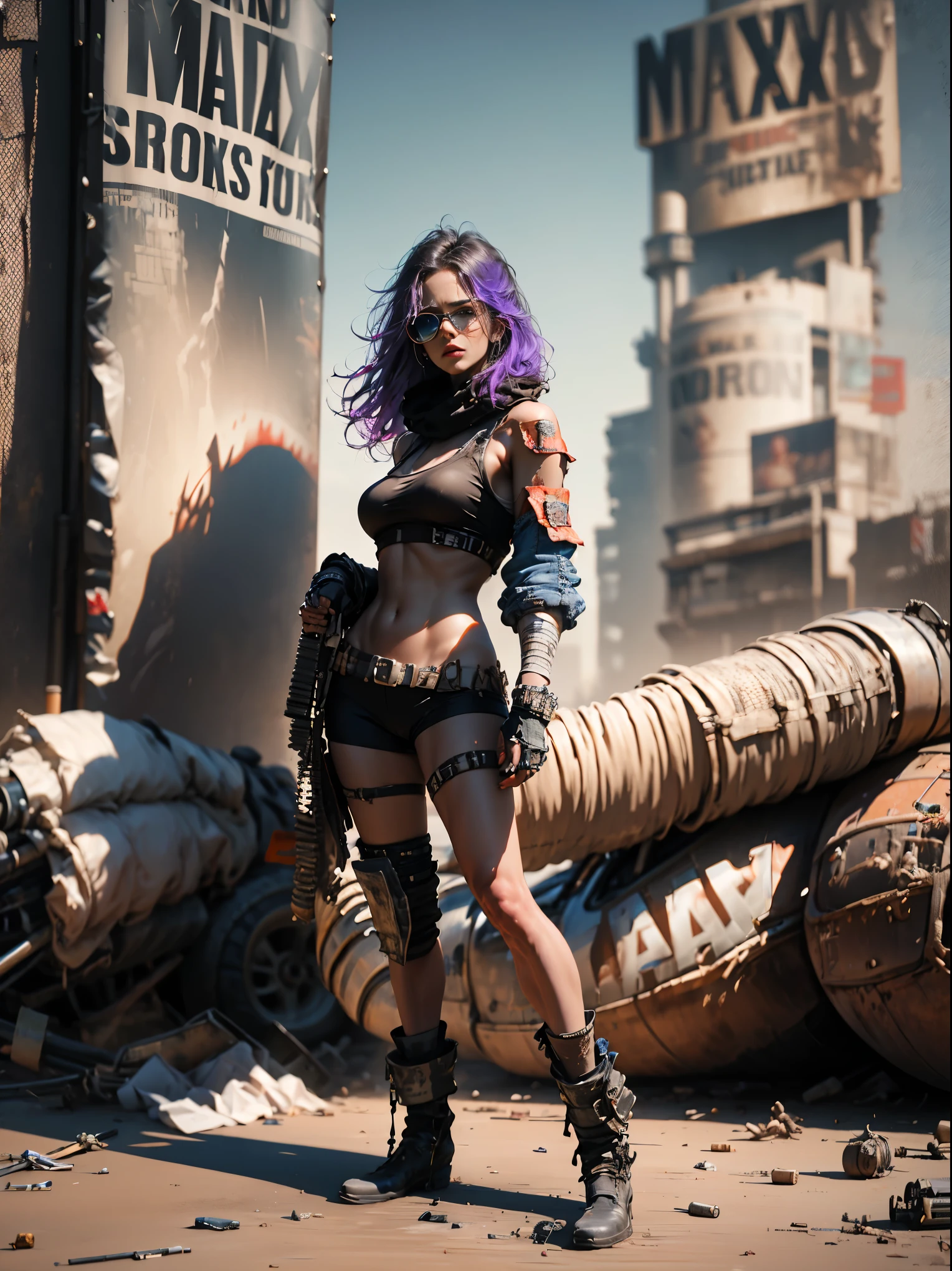 plano general, whole body, sharpness,((Best Quality)), ((Masterpiece)), (hyper detailed:1.3),8k, 3D,High Definition, beautiful (cyberpunk:1.3) Woman with wavy and voluminous hair in modern style.,((with weapons in hands)),vivid colors, violet, orange yellow, Brown, cian, violet, (( (futuristic mad max movie style backdrop)))