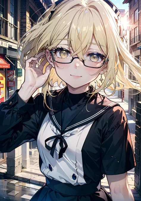 アイスWallenstein, Wallenstein, blonde, Hair between the eyes, Yellow headband, Long Hair, (Yellow Eyes:1.5),Black-rimmed glasses,h...