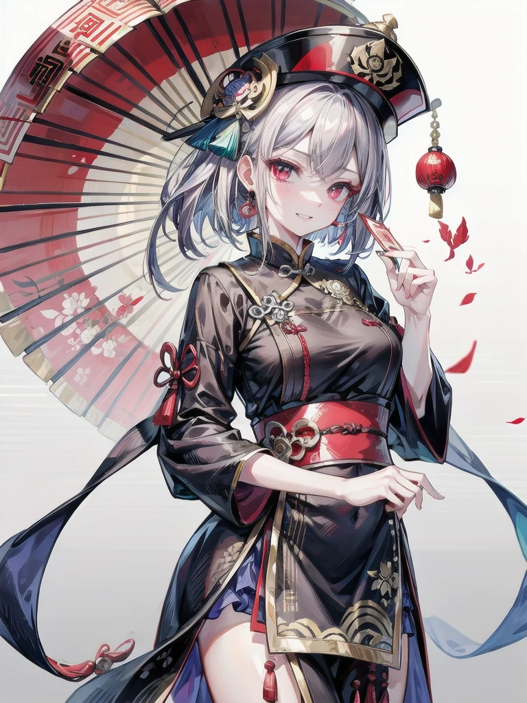 dress, chinese clothes, headwear, ofuda, jiangshi, qing guanmao, absurdres, RAW photo, extremely delicate and beautiful, masterpiece, Best Quality, ultra high resolution, 32k, hyperrealistic, ultra-detailed, detailed description, pale skin, 20 years old, tearful mole, earring, Colossal tits, short medium hair, wavy hair, evil grin, whole body shot,