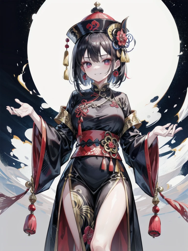 dress, chinese clothes, headwear, ofuda, jiangshi, qing guanmao, absurdres, RAW photo, extremely delicate and beautiful, masterpiece, Best Quality, ultra high resolution, 32k, hyperrealistic, ultra-detailed, detailed description, pale skin, 20 years old, tearful mole, earring, Colossal tits, short medium hair, wavy hair, evil grin, whole body shot,