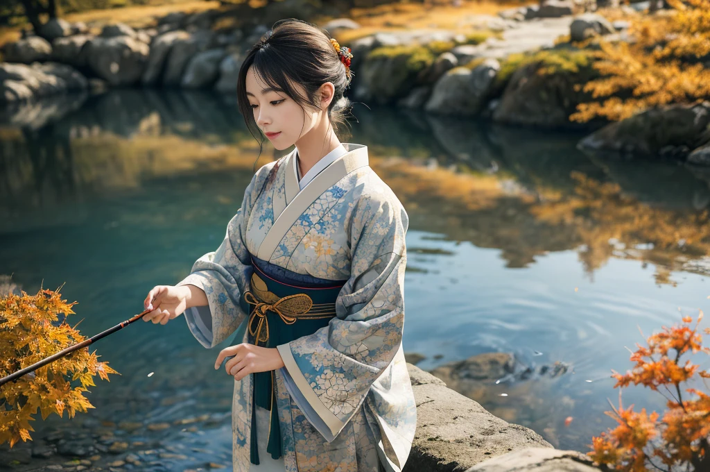 adorned in traditional Japanese attire, seamlessly blends with the kaleidoscope of autumnal colors that paint the mountainside. The intricate patterns of her clothing, delicately rendered, add a sense of authenticity to the scene. Her hands, deftlymanipulating the fishing rod, display a level of skill and dexterity (1.5). The subtle glint of metal and the shimmering waters, caught in the soft, cinematic light (1.4), further accentuate the tranquility of the moment. The high-resolution (1.2) of the image reveals the play of light and shadows on her face, her detailed features subtly etched