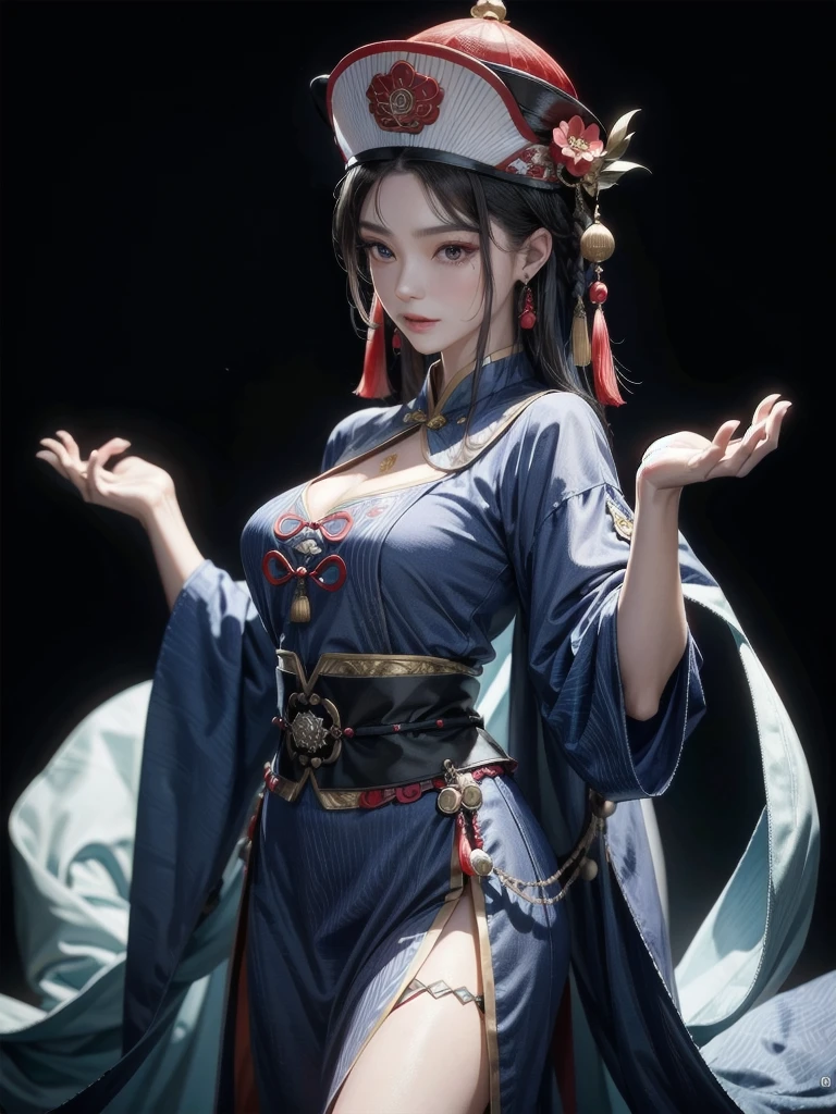 dress, braid, chinese clothes, headwear, ofuda, jiangshi, qing guanmao, absurdres, RAW photo, extremely delicate and beautiful, masterpiece, Best Quality, ultra high resolution, 32k, hyperrealistic, ultra-detailed, detailed description, pale skin, 20 years old, tearful mole, earring, Colossal tits, short medium hair, wavy hair, evil grin, whole body shot,