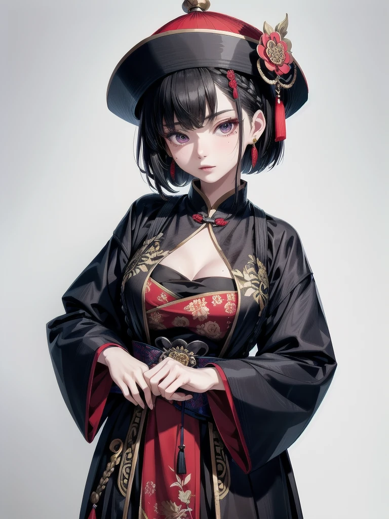 cemetery, dress, braid, chinese clothes, headwear, ofuda, jiangshi, qing guanmao, absurdres, RAW photo, extremely delicate and beautiful, masterpiece, Best Quality, ultra high resolution, 32k, hyperrealistic, ultra-detailed, detailed description, pale skin, 20 years old, tearful mole, earring, Colossal tits, short medium hair, wavy hair, whole body shot,