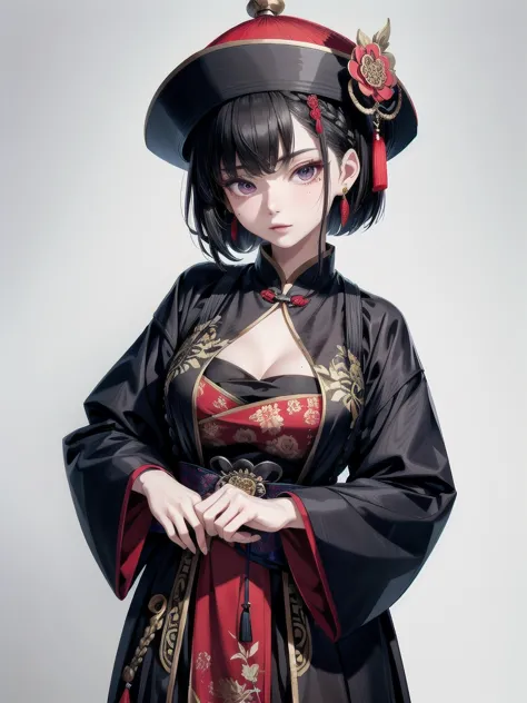 cemetery, dress, braid, chinese clothes, headwear, ofuda, jiangshi, qing guanmao, absurdres, RAW photo, extremely delicate and b...