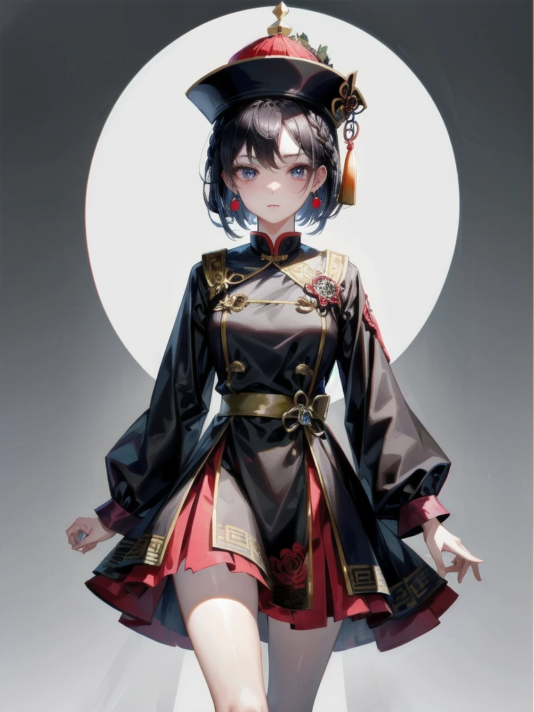 cemetery, dress, braid, chinese clothes, headwear, ofuda, jiangshi, qing guanmao, absurdres, RAW photo, extremely delicate and beautiful, masterpiece, Best Quality, ultra high resolution, 32k, hyperrealistic, ultra-detailed, detailed description, pale skin, 20 years old, tearful mole, earring, Colossal tits, short medium hair, wavy hair, whole body shot,