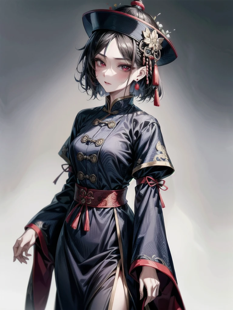 cemetery, dress, braid, chinese clothes, headwear, ofuda, jiangshi, qing guanmao, absurdres, RAW photo, extremely delicate and beautiful, masterpiece, Best Quality, ultra high resolution, 32k, hyperrealistic, ultra-detailed, detailed description, pale skin, 20 years old, tearful mole, earring, Colossal tits, short medium hair, wavy hair, whole body shot,