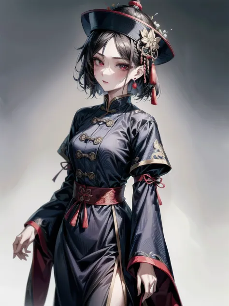 cemetery, dress, braid, chinese clothes, headwear, ofuda, jiangshi, qing guanmao, absurdres, RAW photo, extremely delicate and b...