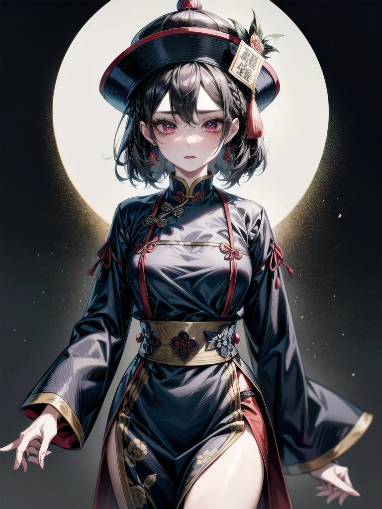 cemetery, dress, braid, chinese clothes, headwear, ofuda, jiangshi, qing guanmao, absurdres, RAW photo, extremely delicate and beautiful, masterpiece, Best Quality, ultra high resolution, 32k, hyperrealistic, ultra-detailed, detailed description, pale skin, 20 years old, tearful mole, earring, Colossal tits, short medium hair, wavy hair, whole body shot,