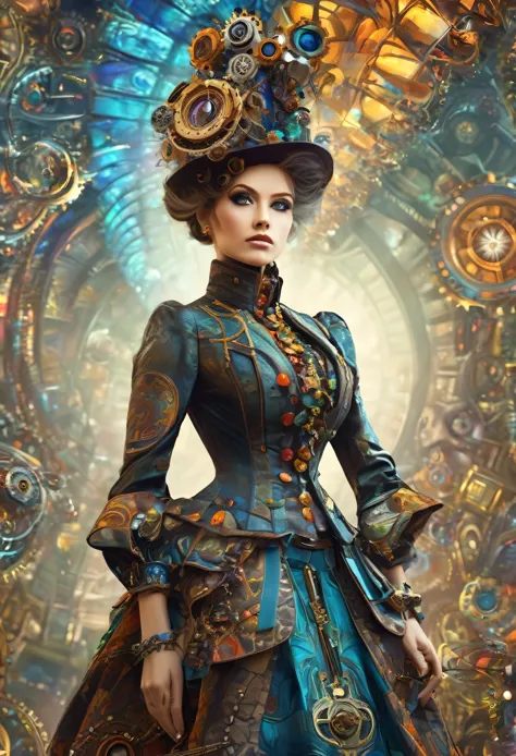 Fine Art, High Quality, A woman dressed in elaborate steampunk attire standing amidst a fractal art-inspired scenery, posing ran...