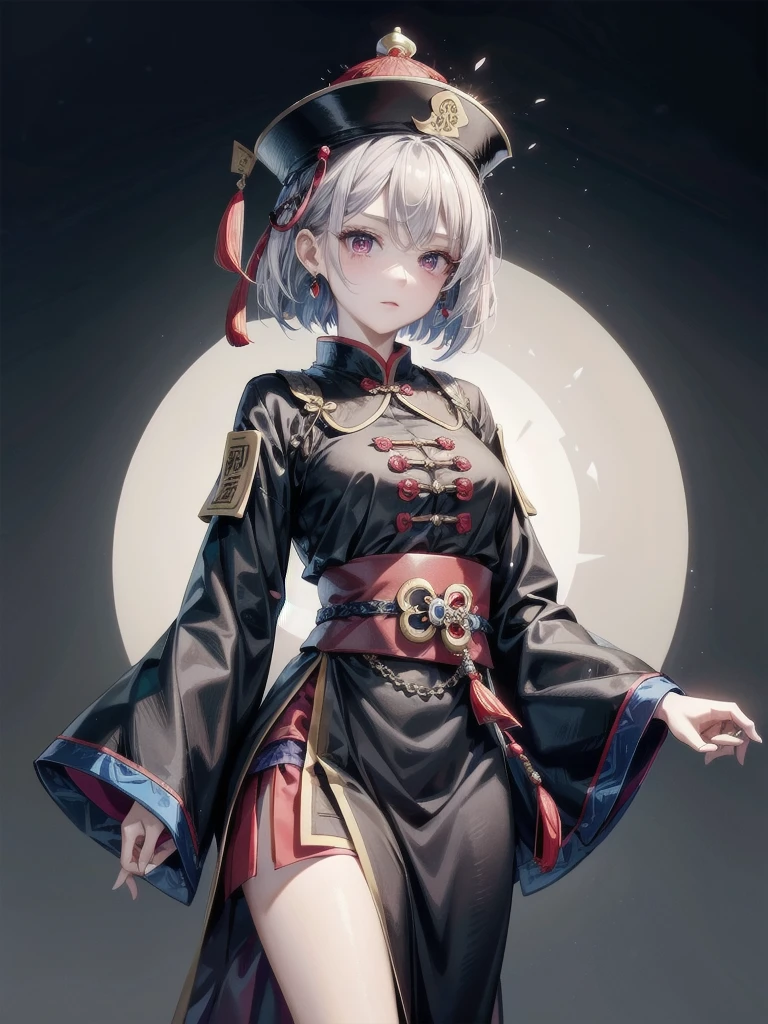 cemetery, dress, braid, chinese clothes, headwear, ofuda, jiangshi, qing guanmao, absurdres, RAW photo, extremely delicate and beautiful, masterpiece, Best Quality, ultra high resolution, 32k, hyperrealistic, ultra-detailed, detailed description, pale skin, 20 years old, tearful mole, earring, Colossal tits, short medium hair, wavy hair, whole body shot,