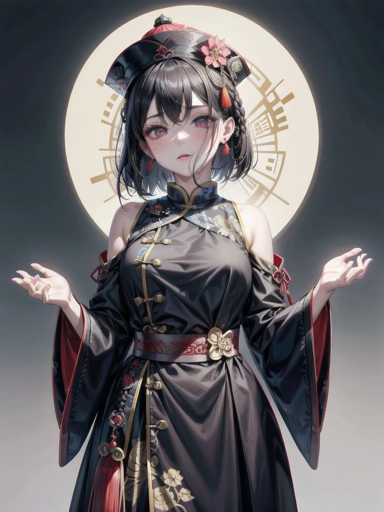 cemetery, dress, braid, chinese clothes, headwear, ofuda, jiangshi, qing guanmao, absurdres, RAW photo, extremely delicate and beautiful, masterpiece, Best Quality, ultra high resolution, 32k, hyperrealistic, ultra-detailed, detailed description, pale skin, 20 years old, tearful mole, earring, Colossal tits, short medium hair, wavy hair, whole body shot,