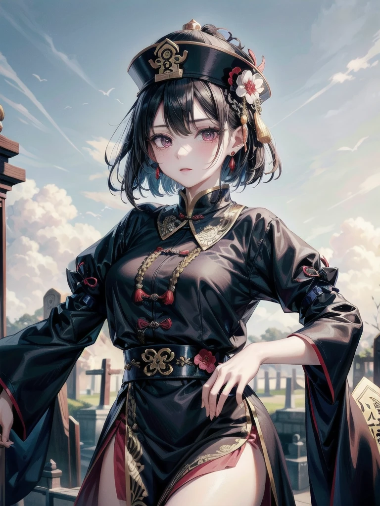 cemetery, dress, braid, chinese clothes, headwear, ofuda, jiangshi, qing guanmao, absurdres, RAW photo, extremely delicate and beautiful, masterpiece, Best Quality, ultra high resolution, 32k, hyperrealistic, ultra-detailed, detailed description, pale skin, 20 years old, tearful mole, earring, Colossal tits, short medium hair, wavy hair, whole body shot,