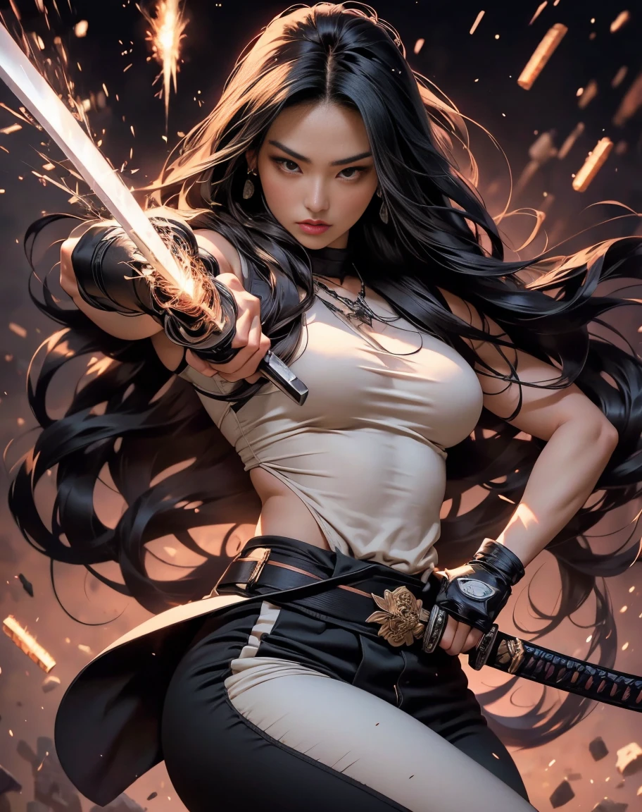 Beautifull 25 years old asian woman, Athletic Body, big breasts, small waist, round hips, psylocke in hero pose holding a samurai sword in the rifgt hand , pinks light aurea on her left hand, long wavy black hair, war scene, sparklers,  war, 