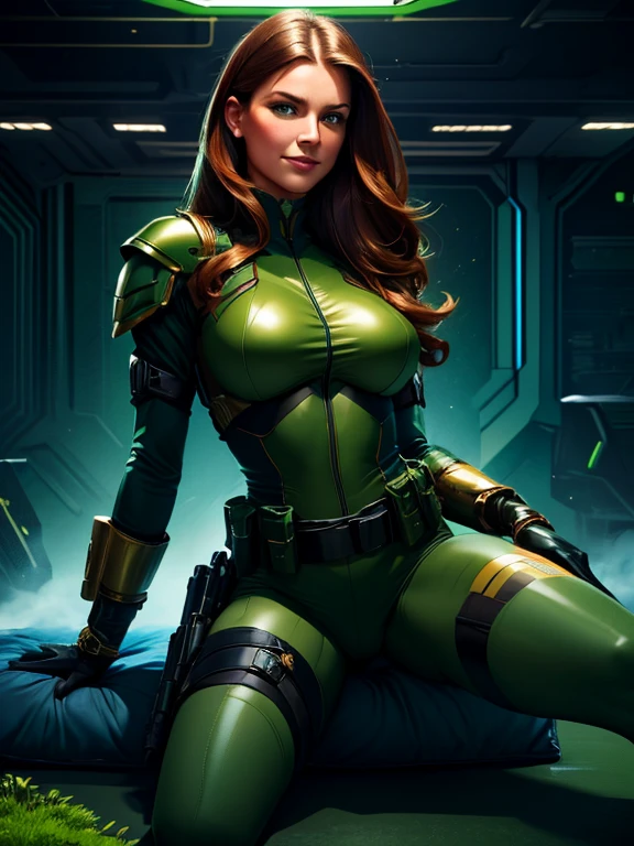 Best quality illustration, beautiful woman,long hair, looking to observer, LITTLE SHY SMILE, tight hi-tech armor gold, RED and blue with intrincated details over glossy pantyhose, adjusting hi-tech gloves, militar tactical belt, thighs and knee,((((green deep florest scenario)))),natural lights