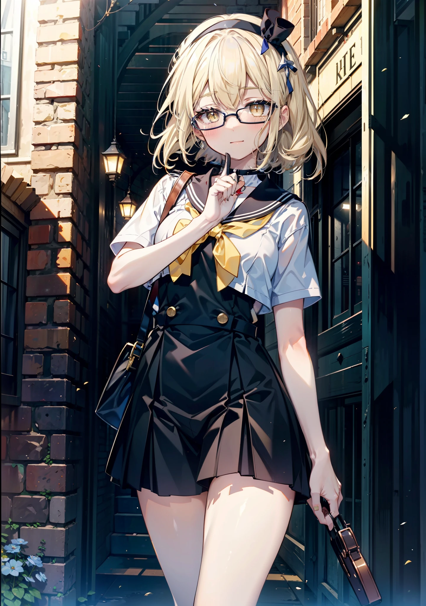 アイスWallenstein, Wallenstein, blonde, Hair between the eyes, Yellow headband, Long Hair, (Yellow Eyes:1.5),Black-rimmed glasses,happy smile, smile, shut up.,smile,blush,Black Sailor Suit,Black pleats,Short sleeve,Black socks,Brown Loafers,morning,morning陽,The sun is rising,whole bodyがイラストに入るように,Walking　　　　　　　 break looking at viewer, whole body, (Cowboy Shot:1.5), crowd, people々々　　　　　　　　　　break outdoors,In town,Building district,　　　　　　　　　　break (masterpiece:1.2), highest quality, High resolution, unity 8k wallpaper, (shape:0.8), (Beautiful and beautiful eyes:1.6), Highly detailed face, Perfect lighting, Highly detailed CG, (Perfect hands, Perfect Anatomy),