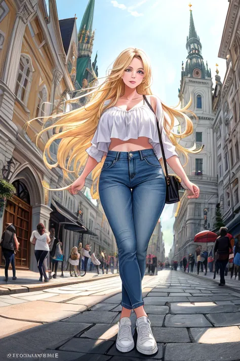 big , wearing casual clothes, on a sightseeing tour of vienna. influencers are beautiful long, flowing blonde hair shining in th...