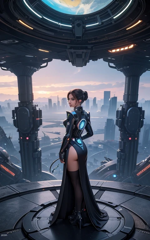 work of art, best qualityer, fine-detailed, a woman in futuristic costume, scifi, cyborg, You are in a futuristic city on another planet, panoramic view details