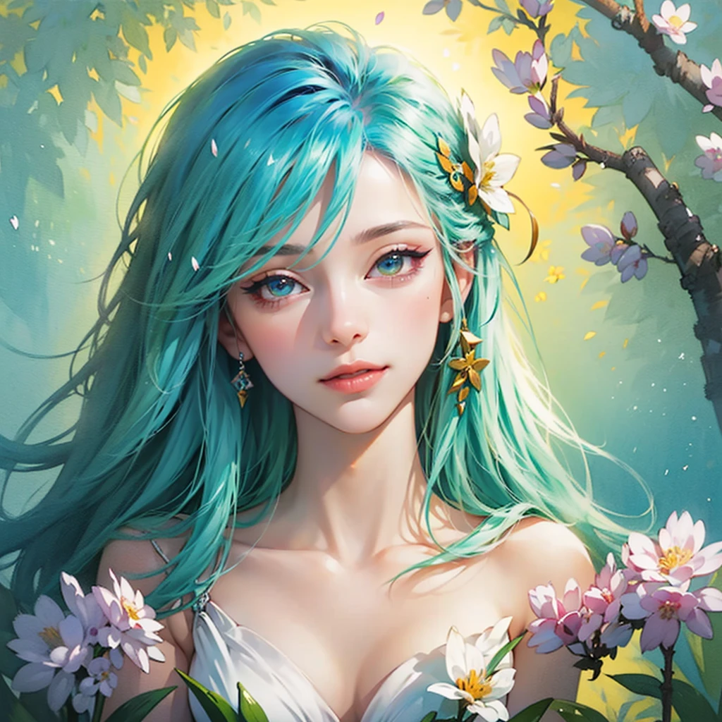 (best quality),(masterpiece:1.2), (colorful:0.9), (ink splashing),(color splashing),((watercolor)), clear sharp focus, model shot,, (portrait goddess of spring:1.5), cute expression,elegant blue colored hair, beautyfull detailed face and eyes, elegant goddess clothing, spring forest background,, colorwater  