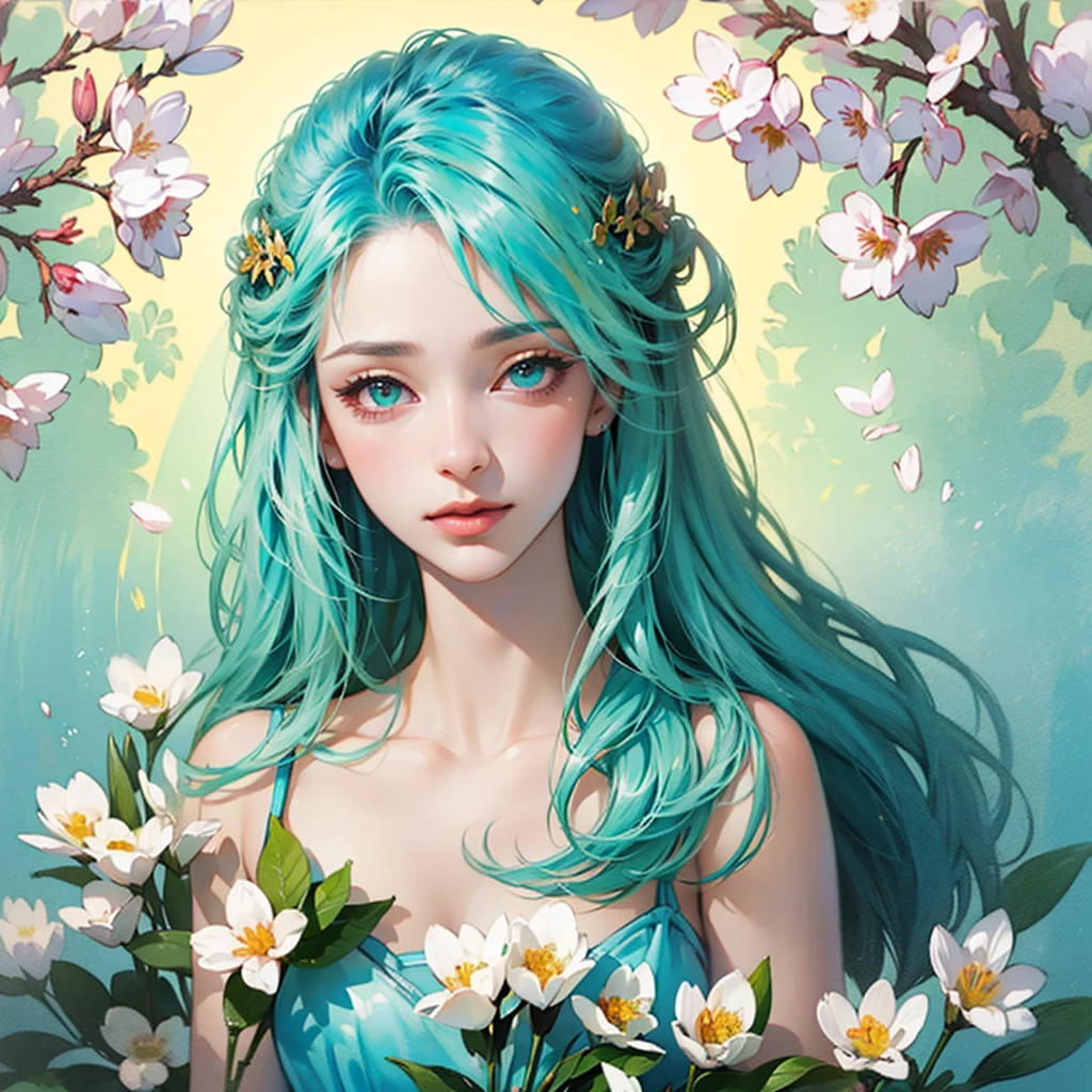 (best quality),(masterpiece:1.2), (colorful:0.9), (ink splashing),(color splashing),((watercolor)), clear sharp focus, model shot,, (portrait goddess of spring:1.5), cute expression,elegant blue colored hair, beautyfull detailed face and eyes, elegant goddess clothing, spring forest background,, colorwater  