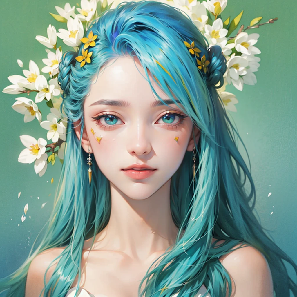 (best quality),(masterpiece:1.2), (colorful:0.9), (ink splashing),(color splashing),((watercolor)), clear sharp focus, model shot,, (portrait goddess of spring:1.5), cute expression,elegant blue colored hair, beautyfull detailed face and eyes, elegant goddess clothing, spring forest background,, colorwater  