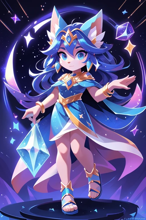 Nome completo: Celeste Nova

Pode:

Manipulate the movement of stars Access cosmic knowledge Create illusory constellations Color: Azul escuro

Estilo de roupa:

Long blue dress with star prints Cape with constellation details Gold sandals Accessories:

Tiara with shining stars Pendant earrings in the shape of moon and star Bracelet with astrological symbols Background:

Starry space with diverse bright constellations Character: Violet Characteristics:

Personalidade: Enigmatic, poderosa, controle da mente
Poder: Telecinesia e controle mental