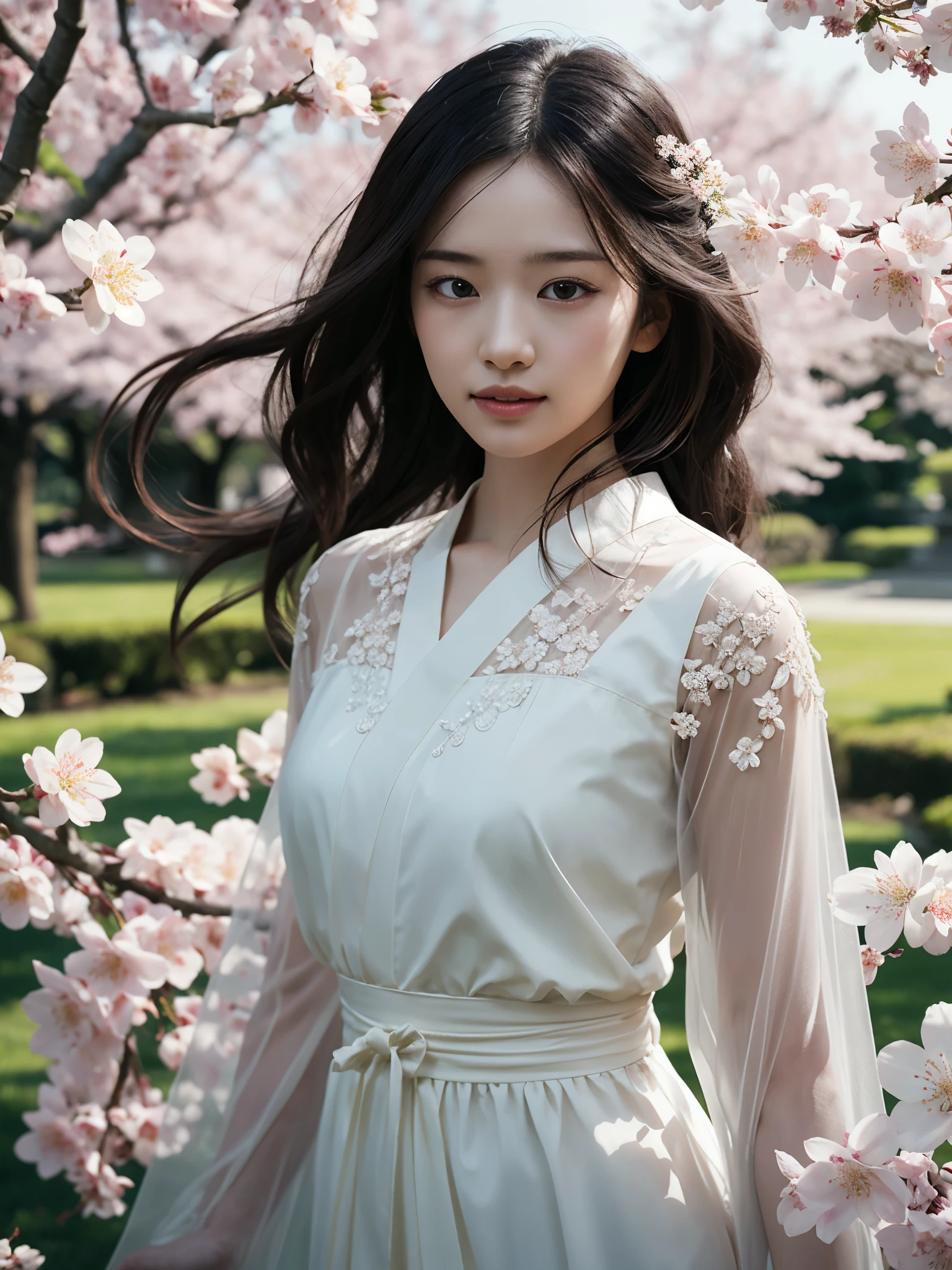 girl at cherry blossom park, BREAK, 1girl, detailed face, ornate braid long dress, see-through lace long sleeve, very very long hair, absurdly long hair, cherry blossom trees, floating petals, windswept petals, sakura flower, natural morning lighting, high quality, high resolution, masterpiece, raw photos, (realistic:1.3), detailed texture, teeth, black hair, straight hair, soft light, japanese garden, natural pose showing her figure, 