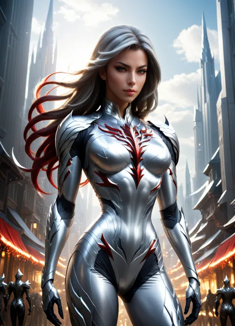 concept art (Digital Artwork:1.3) of (Simple illustration:1.3) a woman in a silver and white costume standing in a city, from li...