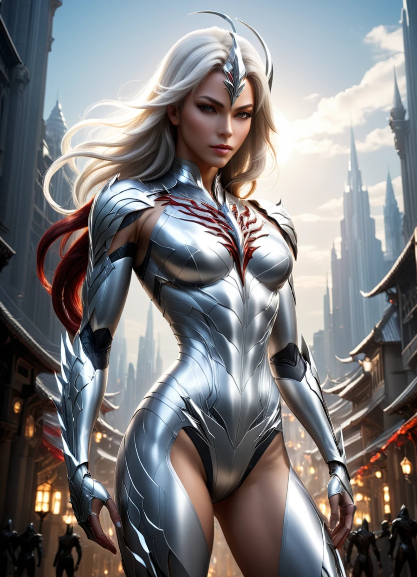 Arte conceptual (Obras de arte digitales:1.3) de (ilustración sencilla:1.3) una mujer vestida de blanco y plateado parada en una ciudad, del linaje 2, usando armadura de espada de bruja, linaje 2 estilo revolución, motor irreal render saint seiya, de a beautiful female warframe, from ncsdet, armadura plateada y ropa roja, personaje de fantasía hiperdetallado, juego de estilo square enix, motor irreal representa una diosa, 8k detalles de personajes CGSociety,estación de arte,(Bajo contraste:1.3) . Obras de arte digitales, ilustrativo, pictórico, pintura mate, muy detallado