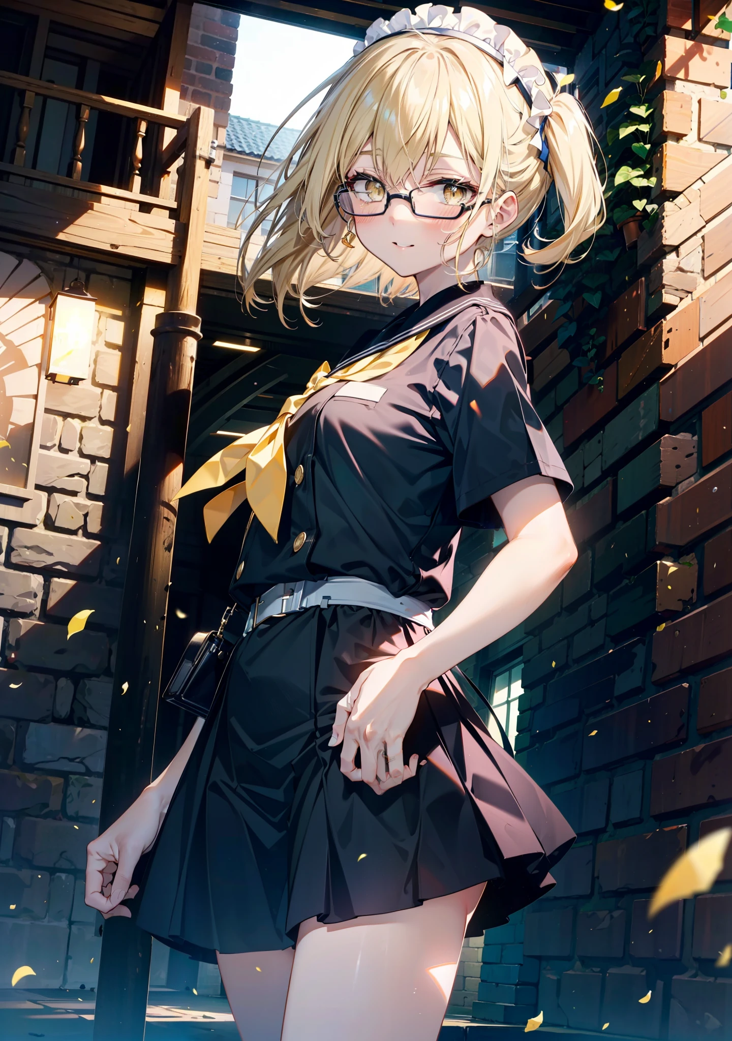 アイスWallenstein, Wallenstein, blonde, Hair between the eyes, Yellow headband, Long Hair, (Yellow Eyes:1.5),Black-rimmed glasses,happy smile, smile, shut up.,smile,blush,Black Sailor Suit,Black pleats,Short sleeve,Black socks,Brown Loafers,morning,morning陽,The sun is rising,whole bodyがイラストに入るように,Walking　　　　　　　 break looking at viewer, whole body, (Cowboy Shot:1.5), crowd, people々々　　　　　　　　　　break outdoors,In town,Building district,　　　　　　　　　　break (masterpiece:1.2), highest quality, High resolution, unity 8k wallpaper, (shape:0.8), (Beautiful and beautiful eyes:1.6), Highly detailed face, Perfect lighting, Highly detailed CG, (Perfect hands, Perfect Anatomy),