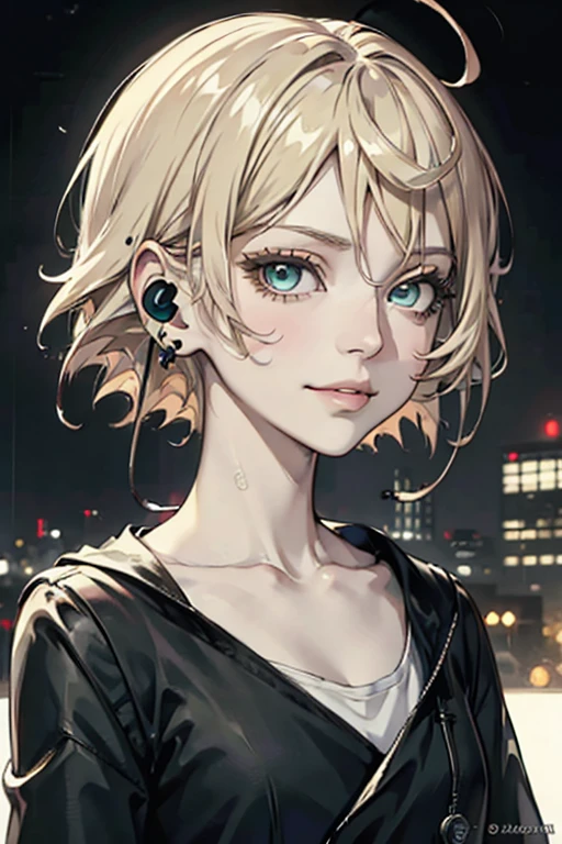 ((masutepiece)), 1girl in, Solo Focus, Tall lady, a smile、Wearing headphones on your neck、Short hair, multicolored hair, Green eyes, Eye-like gemstones, medium breasts, Black coat, White shirt, Accessories, City Background, Futuristic city, Night, Rain, Moody,