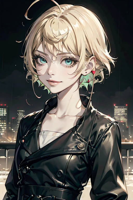 ((masutepiece)), 1girl in, Solo Focus, Tall lady, a smile、Wearing headphones on your neck、Short hair, multicolored hair, Green eyes, Eye-like gemstones, medium breasts, Black coat, White shirt, Accessories, City Background, Futuristic city, Night, Rain, Moody,