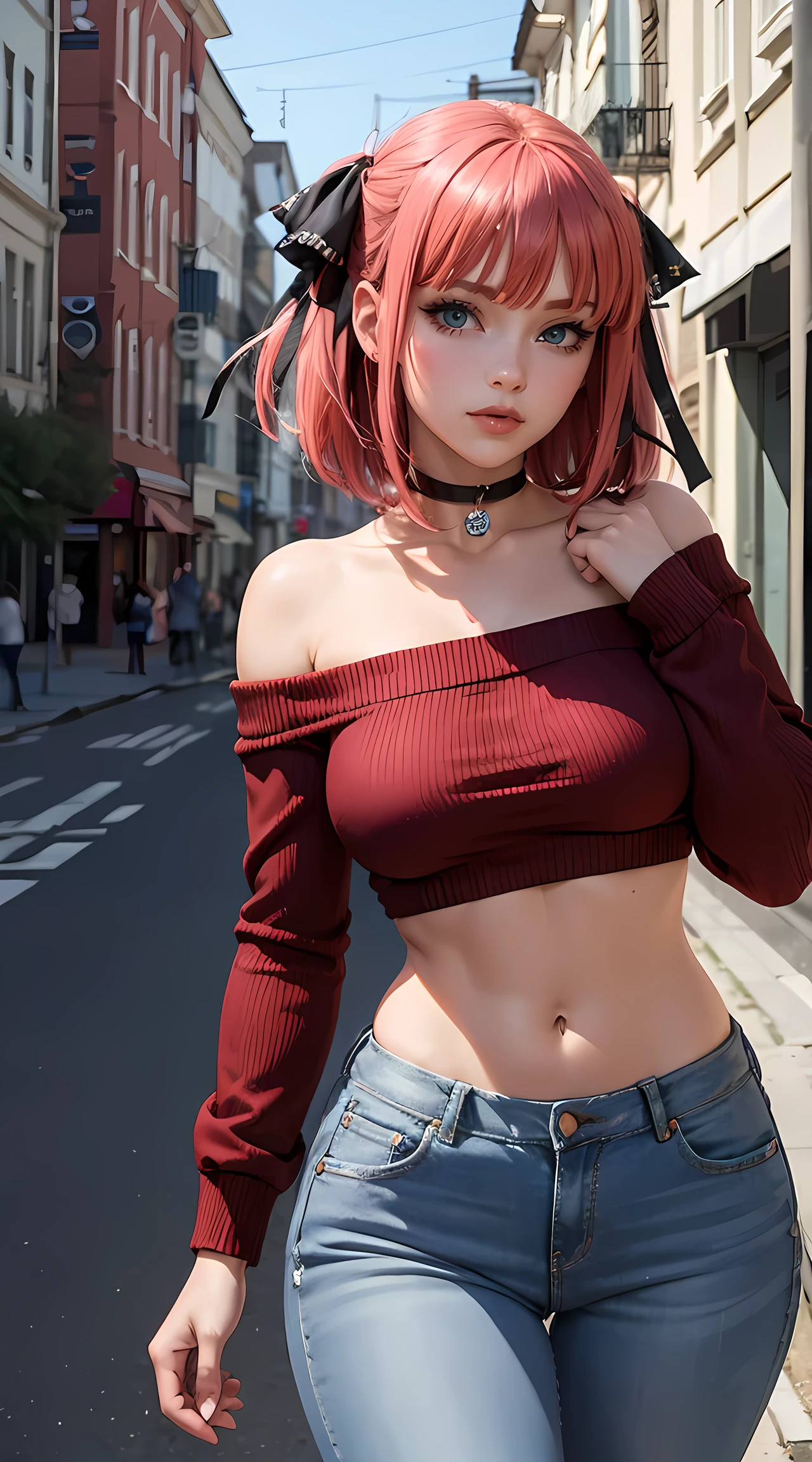 Schöne Frau mit roten und rosa Haaren und sexy Figur, Sie trägt einen schulterfreien, kurzen Pullover und Jeans, HALSBAND, Glücklicher Blick, Haarschleifen, blaue Augen, Mädchen geht eine Straße entlang ,sexy Sitzung, sexy Pose, Cowboy-Schuss, Gehobene Qualität, viele Details, realistisch