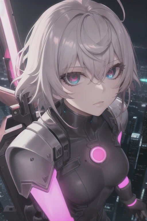 1girl, solo, city lights, (cyberpunk, cyberpunk style), from above,
 arlecchino(genshin impact), x-shaped pupils, black eyes, red pupils, white hair, 
bangs, headphones, breasts,
hoodie,
holding weapon, plasma sword,
cyborg, mechanical_bodysuit, bodysuit, science fiction,
mechanical arms,  mechanical eye,  one eye closed, 
mechanical parts, mechanical_suit, mechanical, white breastplate, armor, shoulder pads,
looking at viewer, staring,
photorealistic, cyberpunk city, (night, night city, dark), cyberpunk lights, streets, skyscraper,(neon lights, bright_lights, pink_lights, neon lights in background:1.3),, weird atmosphere, (best quality:1.1), (masterpiece:1.2), high quality shadow, beautiful detailed, (high detailed skin, skin details), (wide_landscape, 8k), beautiful face, detailed eyes, depth of field, dramatic light, best quality, highres, best shadow, best illumination,