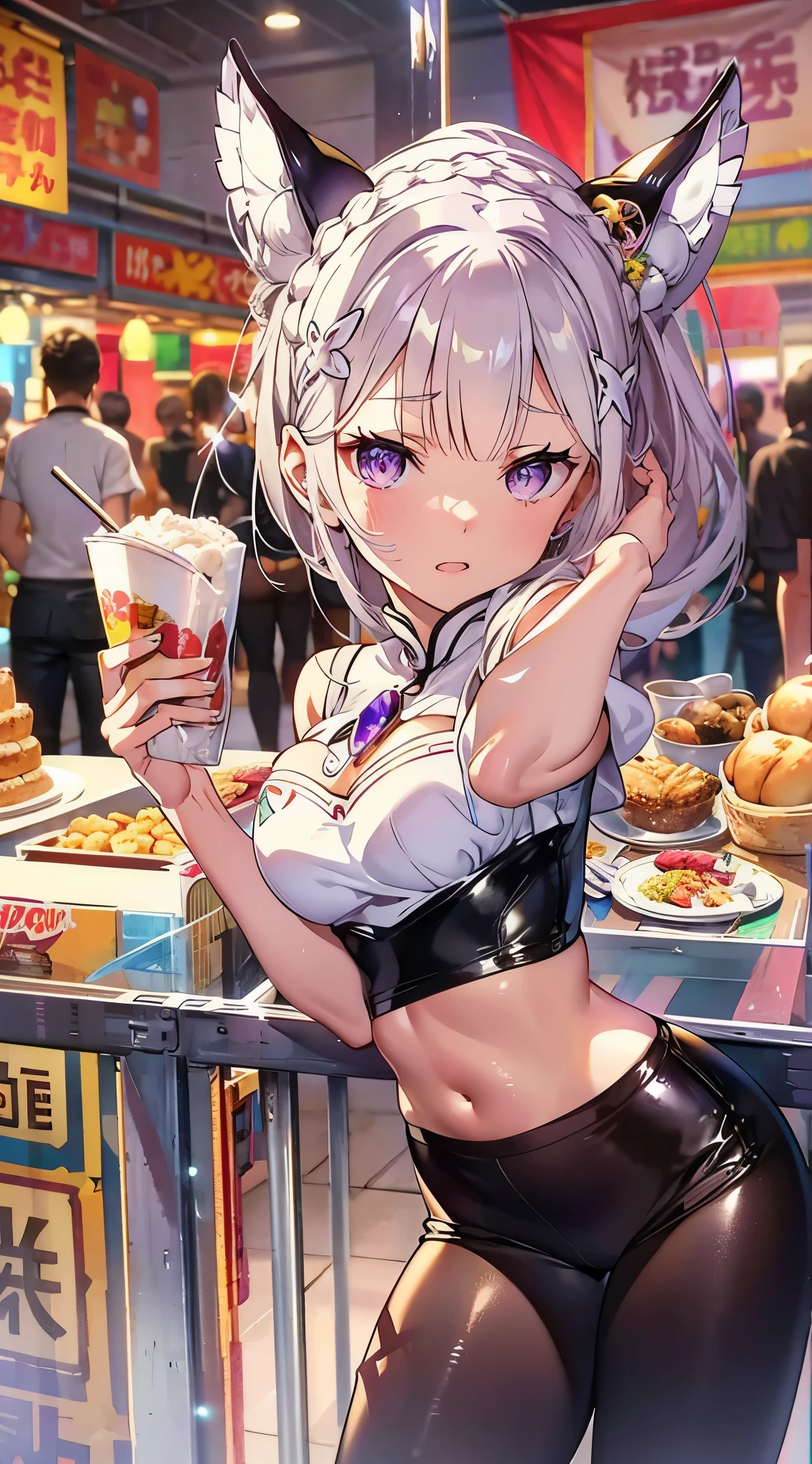 Emilia re:zero, purple eyes, Emilia, crown braid, x hair ornament, flower hair ornament, white hair, long hair, medium breasts, ((Masterpiece)), best quality, absurderes, ultra detailed, holographic, cowboy shot, dynamic pose, golden ratio, super cute girl, mature girl, extremely beautiful, super beautiful asian girl with super beautiful brown shiny eyes, super  and sexy body, super beautiful legs, super beautiful brown multicolored short hair, high ponytail, shiny and super beautiful skin, nice and sexy body, slim and delicate body, perfect body, wearing a super tight black short sleeve crop top, bare shoulders, super tight translucid black leggings, hot panties, fox hairband, being photographed in a popular kawaii food court