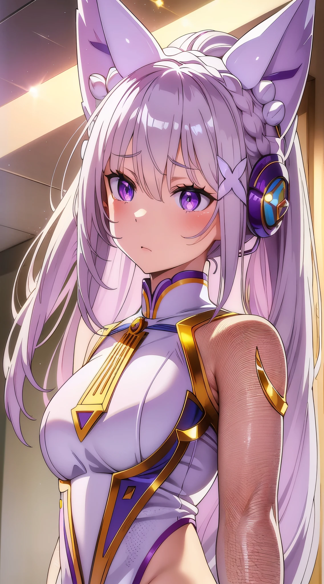 Emilia re:zero, purple eyes, Emilia, crown braid, x hair ornament, flower hair ornament, white hair, long hair, medium breasts, ((Masterpiece)), best quality, absurderes, ultra detailed, holographic, cowboy shot, dynamic pose, golden ratio, super cute girl, mature girl, extremely beautiful, super beautiful asian girl with super beautiful violet eyes, super beautiful white hair, shiny skin, high ponytail, nice and sexy body, slim and delicate body, perfect body, wearing a super tight printed white crop top, kawaii panties, fox headset, being photographed in a kawaii alien spaceship