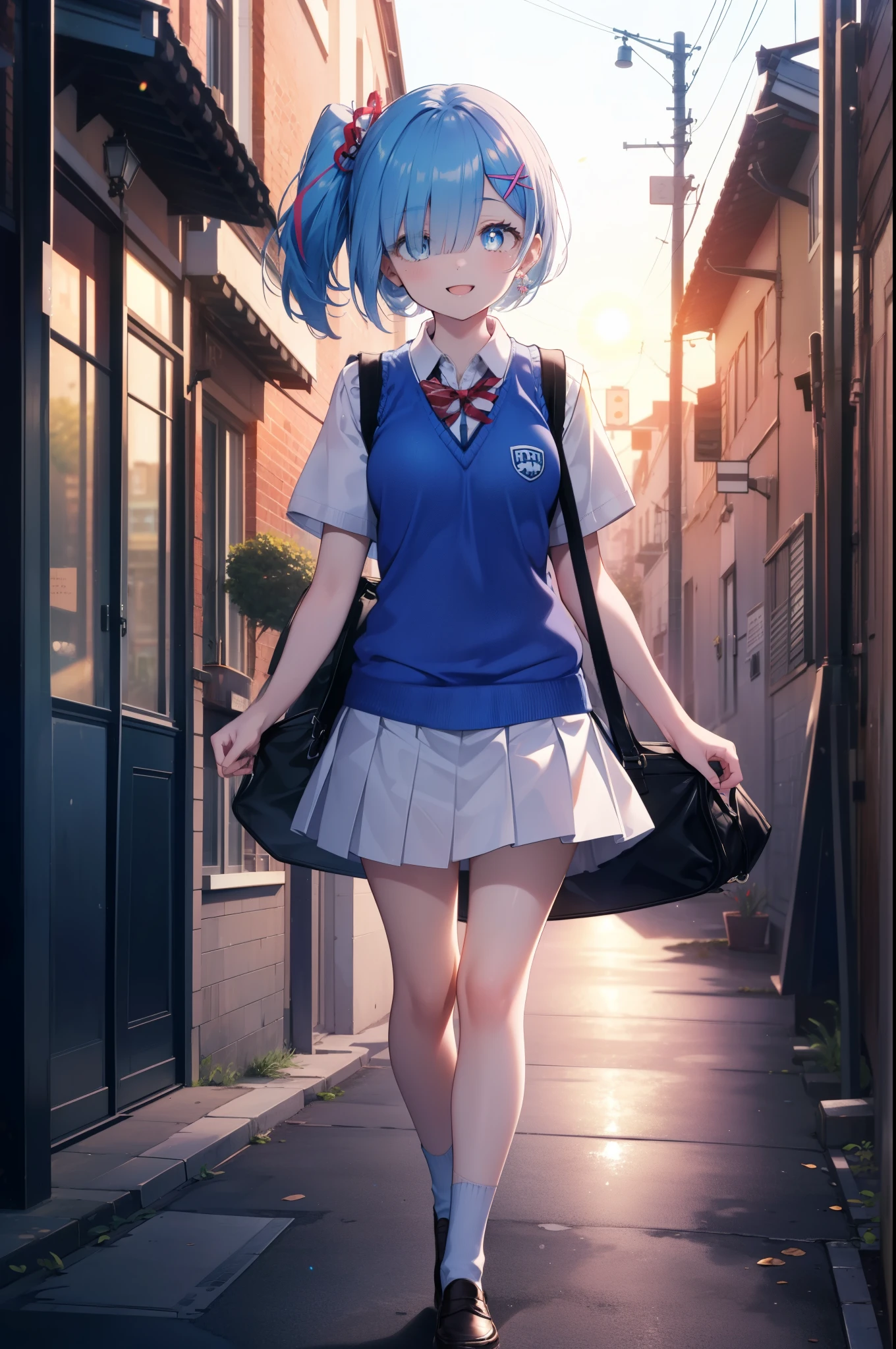 rezeroRem, Rem, blue eyes, Blue Hair, hair ornaments, Hair above one eye, Hair Ribbon, Long Hair, x hair ornaments,Side Ponytail,happy smile, smile, Open your mouth,,White Y-shirt,Short sleeve,Sweater vest, (blue Sweater vest:1.5),
,Black pleated skirt,White pantyhose,Brown Loafers,morning,morning陽,The sun is rising,Walking,
break outdoors, city,Building Street,
break looking at viewer,whole body,
break (masterpiece:1.2), highest quality, High resolution, unity 8k wallpaper, (shape:0.8), (Fine and beautiful eyes:1.6), extRemely detailed face, Perfect lighting, extRemely detailed CG, (Perfect hands, Perfect Anatomy),