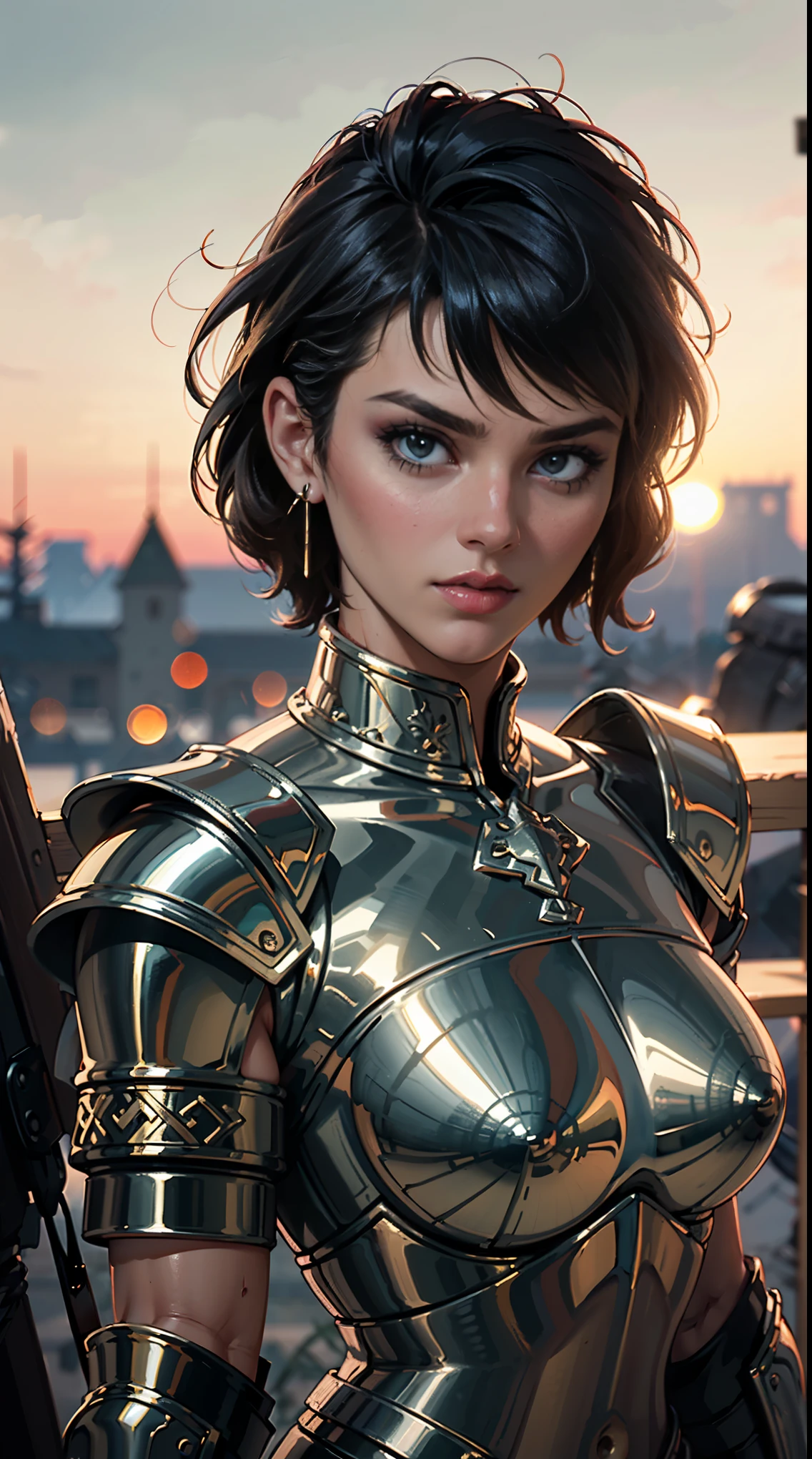 (masterpiece), (extremely intricate:1.3), (realistic), portrait of a muscular bodybuilder girl, ((medieval armor)), metal reflections, upper body, outdoors, intense sunlight, far away castle, professional photograph of a stunning woman detailed, (short undercut dark shaved hair, dynamic pose), sharp focus, dramatic, award winning, cinematic lighting, volumetrics dtx, (film grain, blurry background, blurry foreground, bokeh, depth of field, sunset, interaction, golden chrome Perfectchainmail), 8K