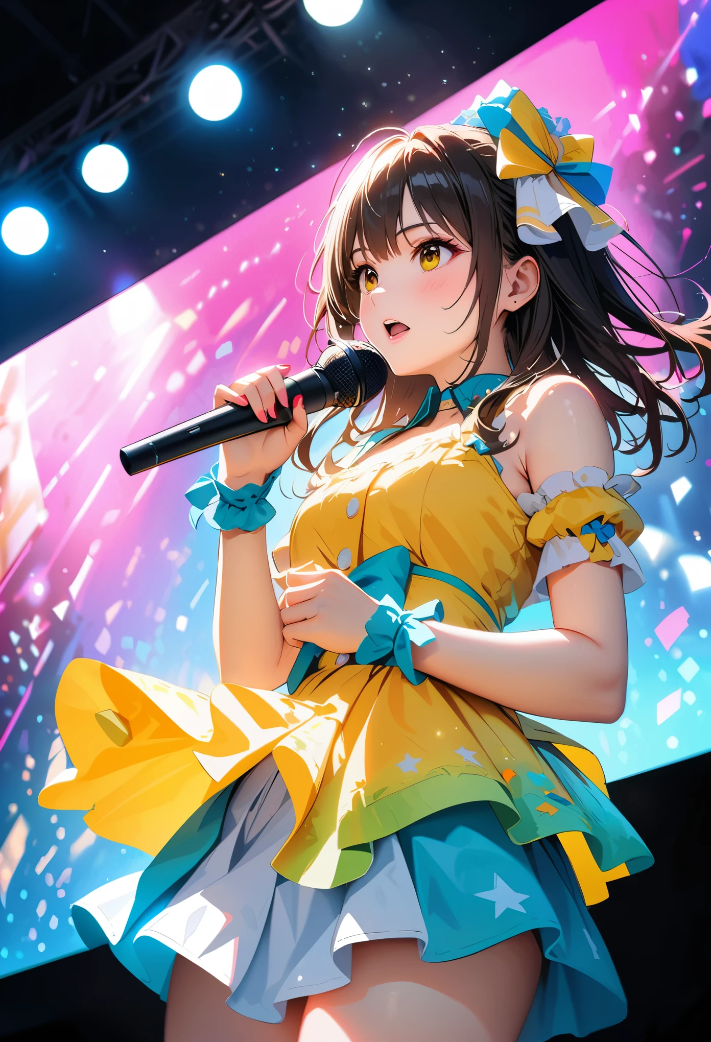 NMB48 idol,dramatic angle,stage,idolmaster cinderella girls starlight stage,stage lights,singing,holding microphone,HDR,UHD,studio lighting,ultra-fine painting,sharp focus,physically-based rendering,extreme detail description,professional,vivid colors,bokeh,portraits,delicate skin texture,full lipsheavy bright makeupnatural volumetric,Dream colors,studio light,isometric,Best quality,UHD,HDR,16K,high resolution,unreal engine 5,ultra-detailed,photorealistic,3D rendering,hyper realistic,Award-winning,Fujichrome Provia 100F,Fujifilm Neopan 100,Fujicolor C200,Fujicolor Pro 400H,Fujicolor Fujichrome Velvia 100,Takeshi Kitano
